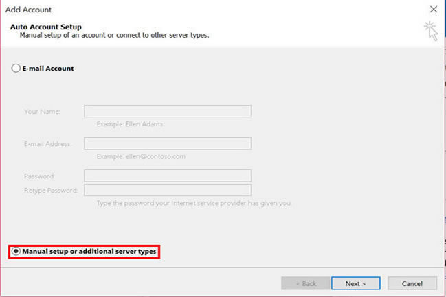 Outlook 2010 manually configure new account